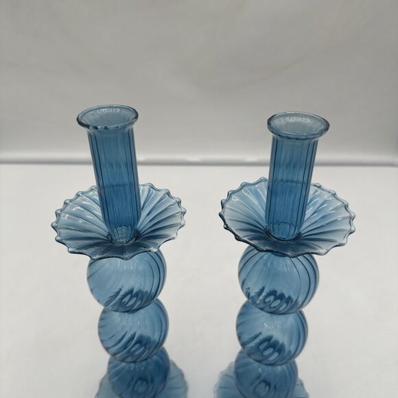 KIM SEYBERT IRIS CANDLESTICKS -  CADET  - set of 2 Blue 11.25” Tall - Picture 2 of 7